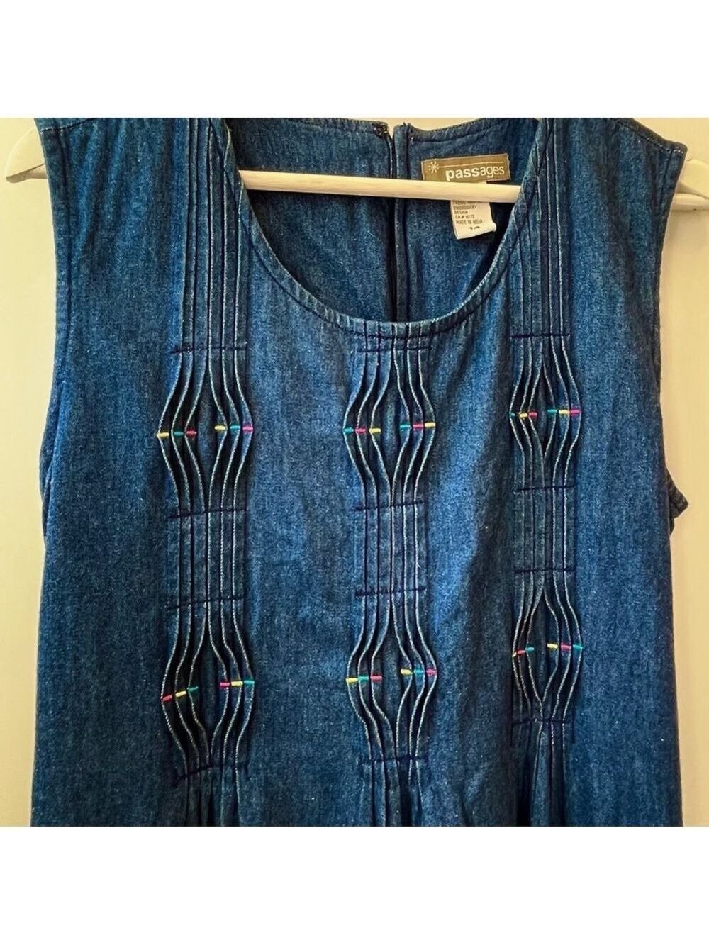 Vintage Denim Maxi Dress 100% Cotton Pintuck Embroidered Boho Cottagecore 14 - Picture 6 of 13
